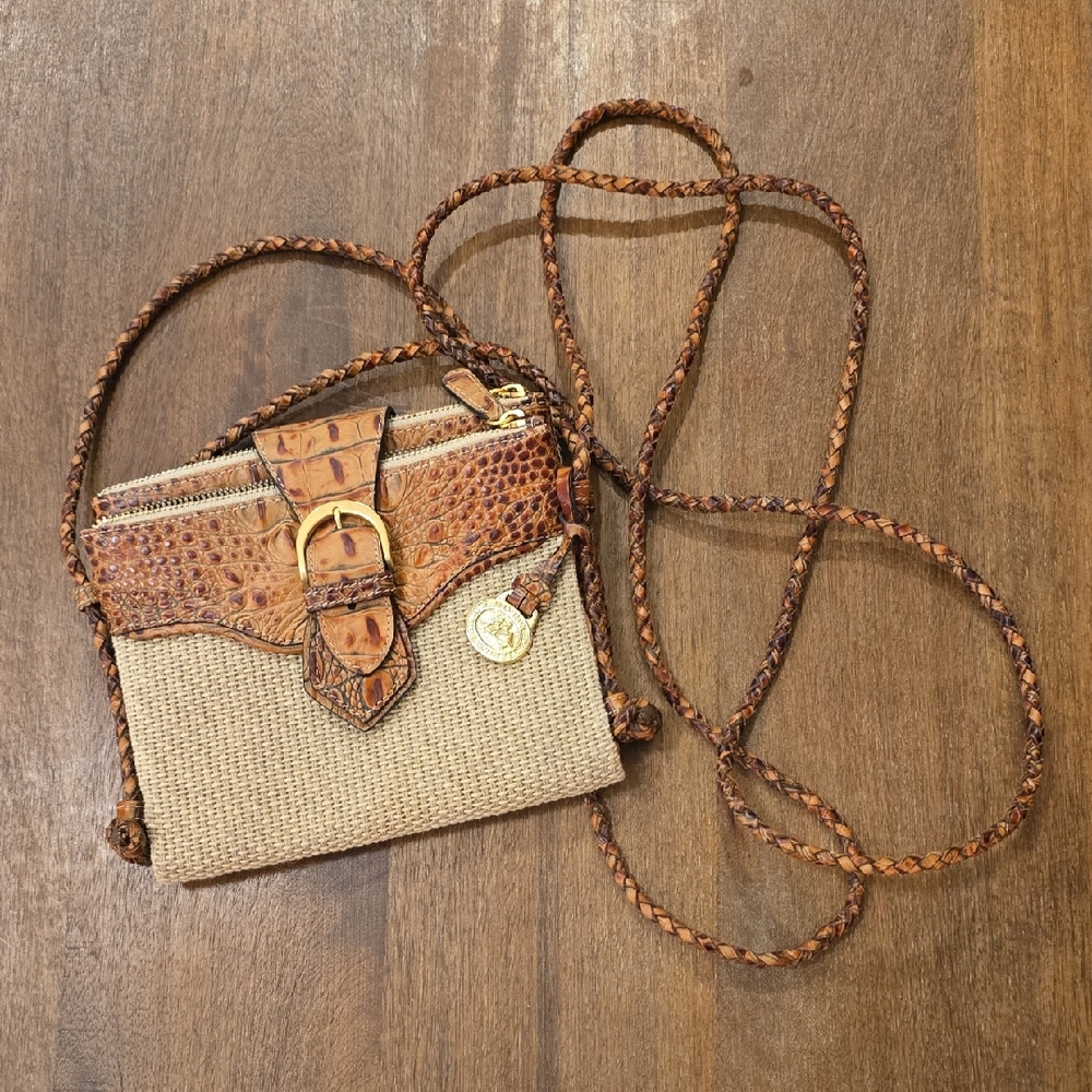 Brahmin Tan and Brown Crossbody Bag with Braided Strap, 7x8 inches, Like NEW